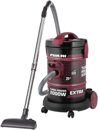 Nikai 2000W turbo canister vacuum with pink and black body and hose attachment