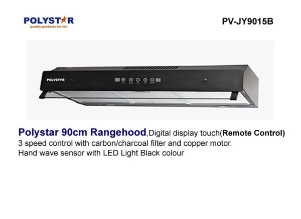 Polystar PV JY9015B 90cm rangehood with black finish remote control digital touch display 3 speed fan carbon filter copper motor hand wave sensor and LED light for kitchen use