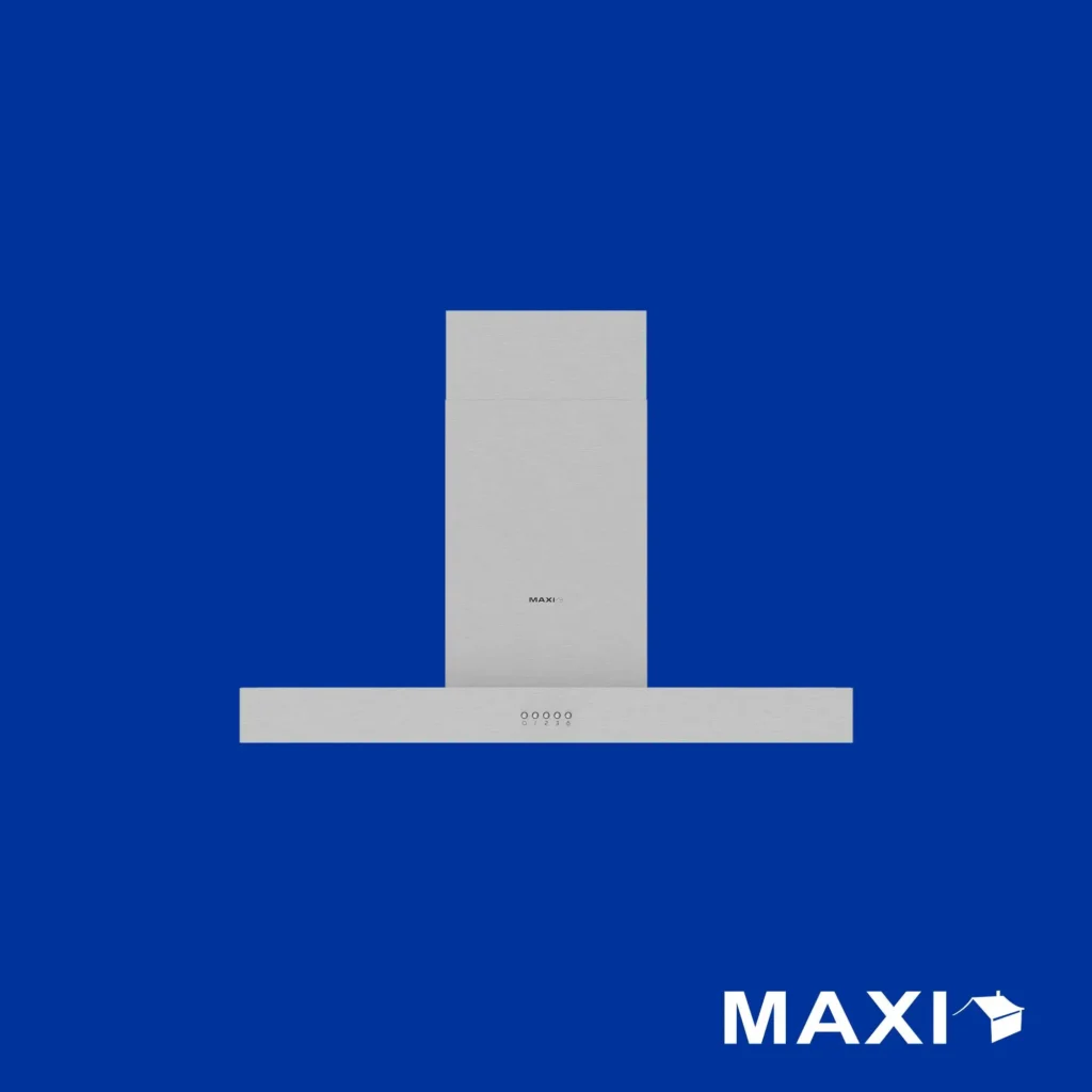 Product photo of a white kitchen range hood on a blue background with the MAXI logo at the lower right corner