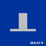 Product photo of a white kitchen range hood on a blue background with the MAXI logo at the lower right corner
