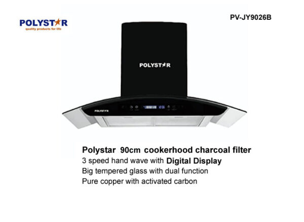 Polystar 90cm cooker hood with charcoal filter black chimney curved glass canopy and digital display