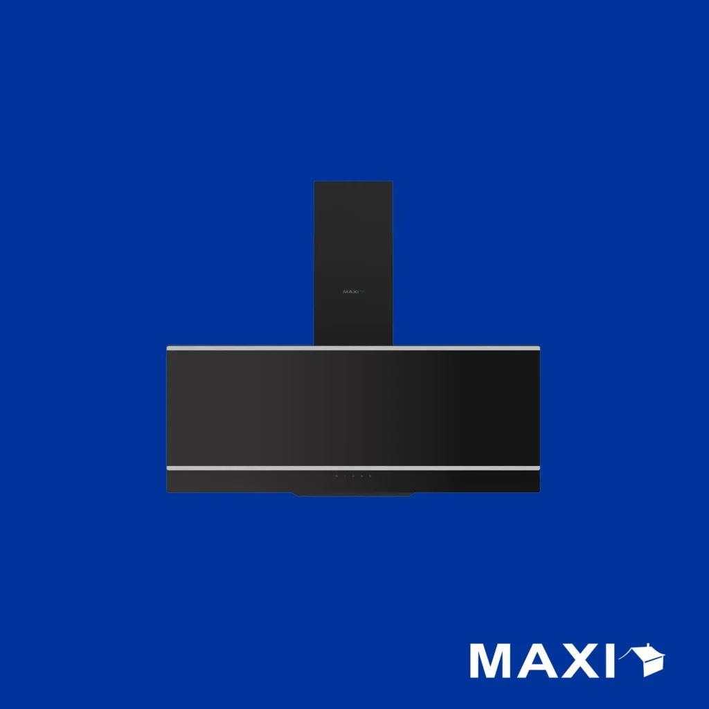 Tall black rectangular appliance standing upright on a solid blue background with MAXI logo visible in the bottom right corner