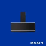 Tall black rectangular appliance standing upright on a solid blue background with MAXI logo visible in the bottom right corner