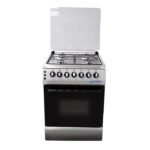 Freestanding gas range with four burners stainless steel body and a black oven door The top has a fold up lid and six control knobs along the front