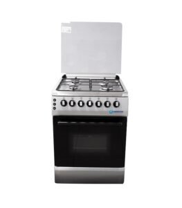 Freestanding gas range with four burners stainless steel body and a black oven door The top has a fold up lid and six control knobs along the front