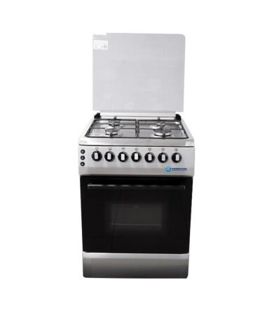 Freestanding gas range with four burners stainless steel body and a black oven door The top has a fold up lid and six control knobs along the front