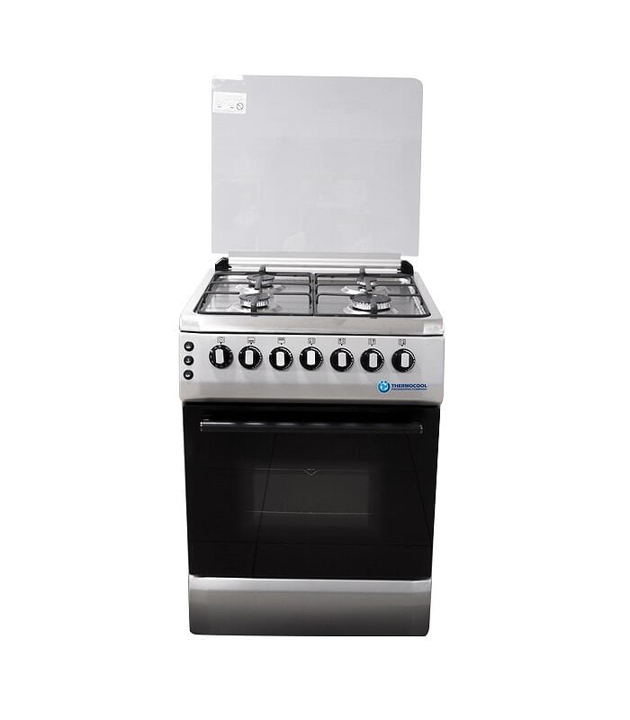 Freestanding gas range with four burners stainless steel body and a black oven door The top has a fold up lid and six control knobs along the front