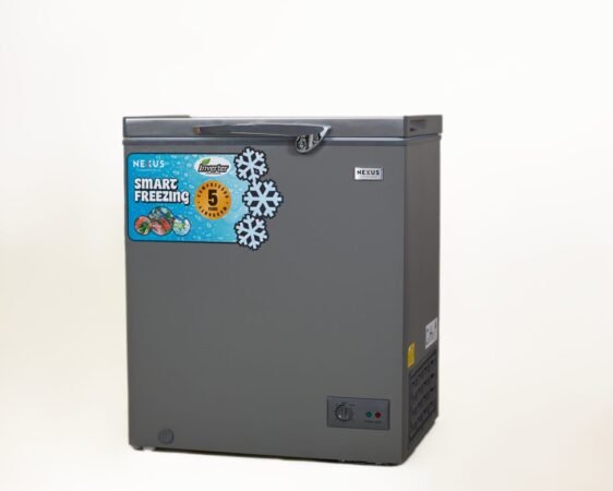 Grey chest freezer with a blue sticker reading 'Smart Freezing' and snowflake graphics on the front, against a light background.