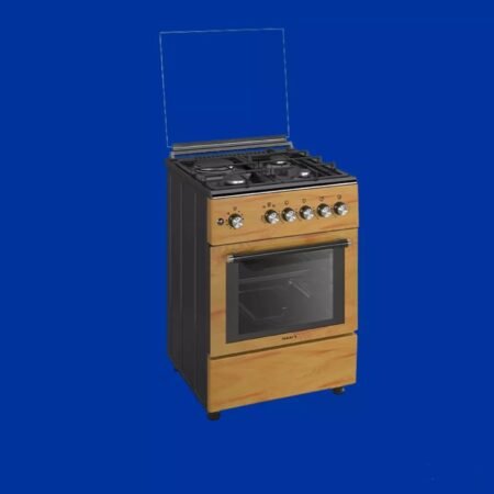 Wood veneer gas range with glass oven door and multiple control knobs on a blue background.