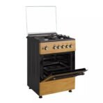 Freestanding gas range with a wood colored front open oven door showing two racks inside and a glass lid raised above the burners on top cap