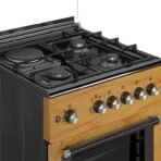 Gas stove with six burners and a wooden front panel metal control knobs along the front and an oven door below A black and wood finish freestanding gas range featuring six burners and chrome knobs on a natural wood facade