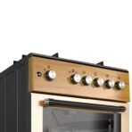 Close up of a wood front oven range with six silver control knobs and a black handle on the door edge