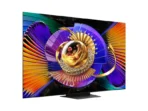 Flat screen TV on a stand displaying a vibrant abstract artwork with jewel tone colors