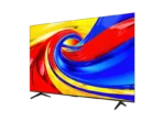 Flat screen television on a stand displaying a bright abstract swirl of red blue yellow colors