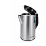 Stainless steel electric kettle with black handle and lid open ready to pour