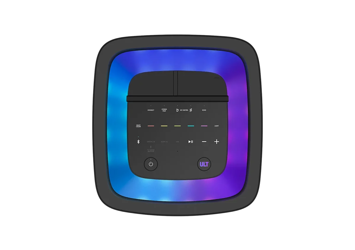 Illustration of a black portable speaker control panel with a purple ULT logo set inside a rounded square frame with bluepurple gradient background