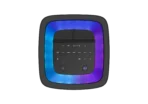 Illustration of a black portable speaker control panel with a purple ULT logo set inside a rounded square frame with bluepurple gradient background