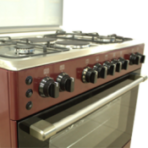 Red freestanding gas range with four burners and a stainless steel oven door