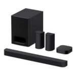Black home theater speaker system including a subwoofer two satellite speakers a center speaker and a long soundbar