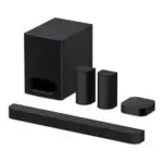 Black home theater speaker system including a subwoofer two satellite speakers a center speaker and a long soundbar