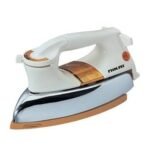 White electric iron with copper accents and a rounded handle shown from the side for ironing clothes