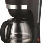 Black drip coffee maker with glass carafe and side water level gauge on the right side