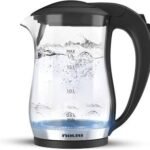 Electric glass electric kettle with black handle water boiling inside level marks from 05 L to 17 L visible at the side