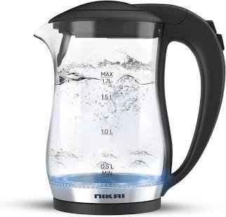 Nikai 17L Glass Pot Electric Kettle NK323G | Mitos Shoppers Electric glass electric kettle with black handle water boiling inside level marks from 05 L to 17 L visible at the side