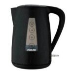 Black Nikai electric kettle with a textured body and a vertical four button control panel on the side corded