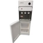 White CWAY water cooler with three taps red indicator light and a small refrigerated drawer below