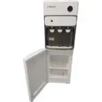 White CWAY water cooler with three taps red indicator light and a small refrigerated drawer below