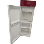 Open compact white mini fridge with a red top panel freezer above and empty shelves inside