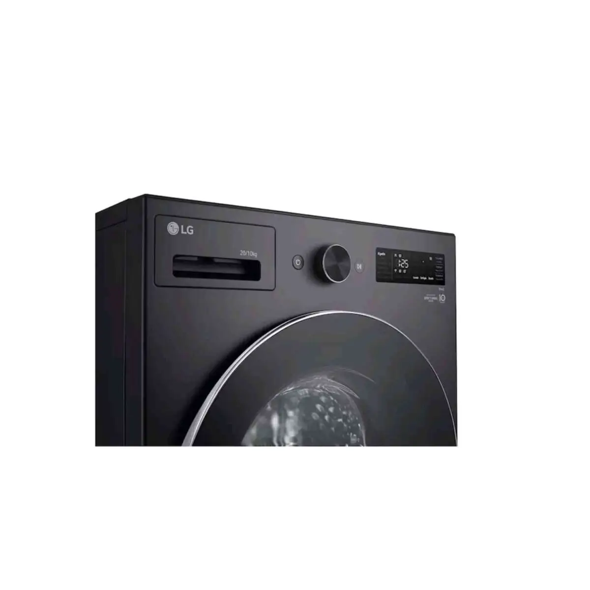 Partial view of a black LG front loading washing machine or dryer with a large circular door and control panel on the right side showing a dial and digital display