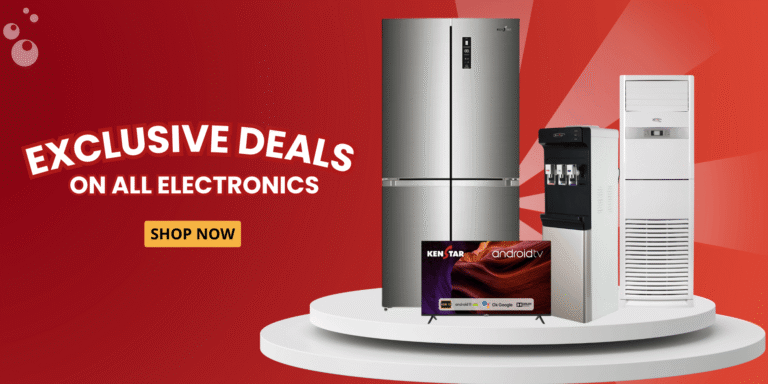 Promotional red banner announcing Exclusive Deals on All Electronics with a stainless steel fridge beverage dispenser TV and a white tower unit on a circular pedestal Shop Now button visible