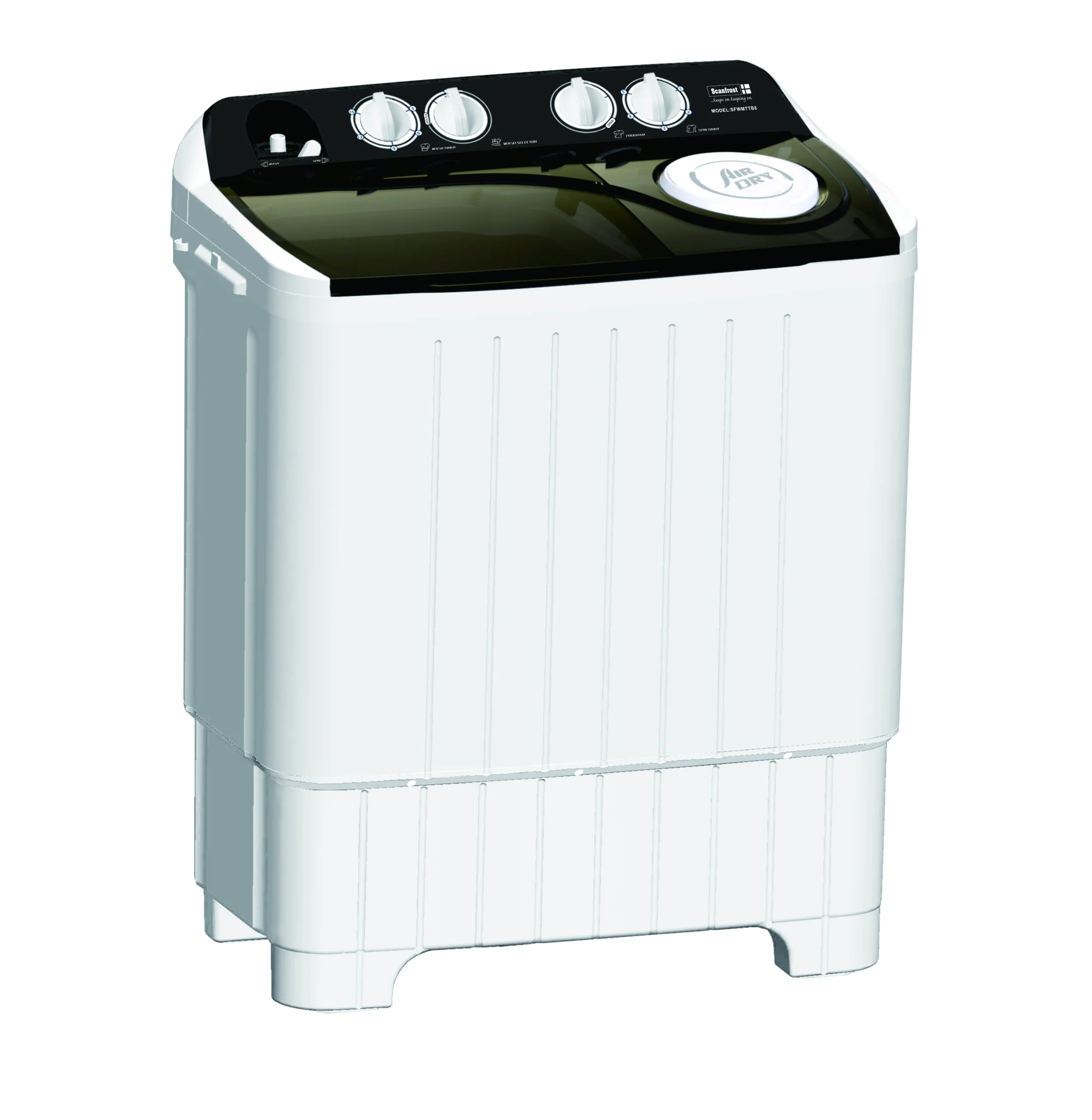 Scanfrost 8kg SemiAutomatic Twin Tub Washing Machine SFSANTTB8 | Mitos Shoppers Scanfrost 8kg Semi Automatic Twin Tub Washing Machine SFSANTTB8