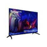 Flat screen TV with a colorful abstract wallpaper showing Royal UHD and Google TV logos on the screen