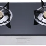 Portable double burner gas stove with black glass top and front control knobs