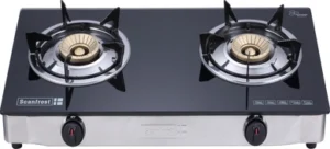 Portable double burner gas stove with black glass top and front control knobs