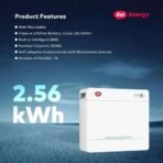 itel Energy battery promo showing 256 kWh capacity with a white rectangular battery unit lists features wall mountable LiFePO4 6000+ cycles built in BMS 100Ah adaptive with mainstream inverter 15 parallel starry sky backdrop