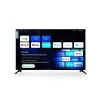 Smart TV home screen showing Google TV with app icons Netflix YouTube Prime Video Help Disney YouTube Kids and a row of tiles against a dark background mounted on a stand