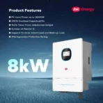 Slide titled Product Features with a white vertical device on a blue starry background bullets list PV input power up to 16000W overload capacity 150 three phase output 12 parallel units grid smart loadback up IP66 protection large 8kW text foreground Itel Energy logo nearby