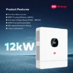 Itel Energy 12kW inverter shown on a blue night background with a bullet list of features pure sine wave inverter MPPT efficiency >999 90280VAC input range 200 overload at 2s IP54 protection 3 year replacement