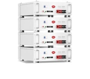 Four white ITel Energy battery modules stacked in a vertical rack showing red terminal bars and status indicators as part of an energy storage system