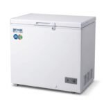 White chest freezer with a top opening lid and small lock in the center front on wheels with a control panel on the lower right side