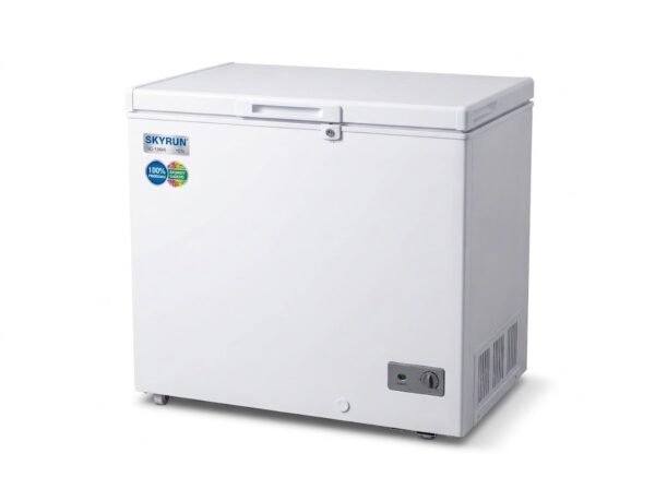 White chest freezer with a top opening lid and small lock in the center front on wheels with a control panel on the lower right side