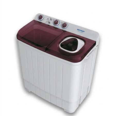 White top loading twin tub washing machine with a burgundy lid