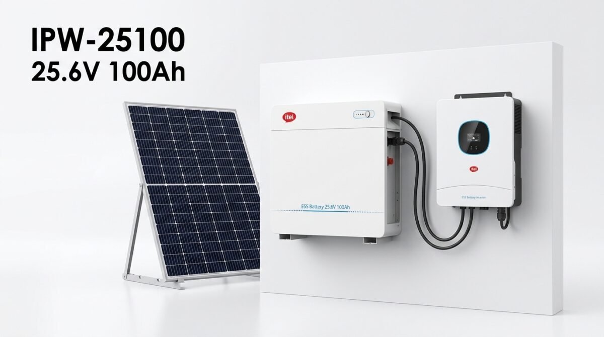 Solar panel connected to a white ESS battery unit and inverter mounted on a wall panel for home energy storage