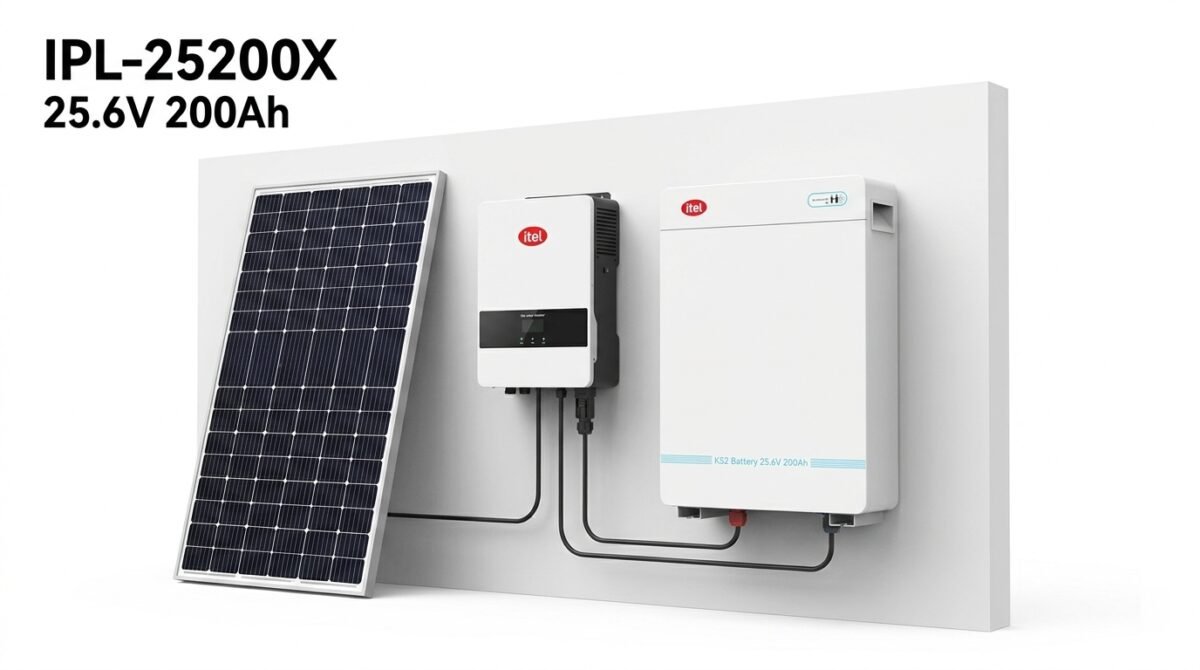 Solar panel connected to an inverter and battery system mounted on a wall on a white backdrop