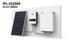 Solar panel connected to an inverter and battery system mounted on a wall on a white backdrop