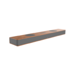 Long wood finish soundbar with a gray grille and circular speaker openings along its length home theater speaker